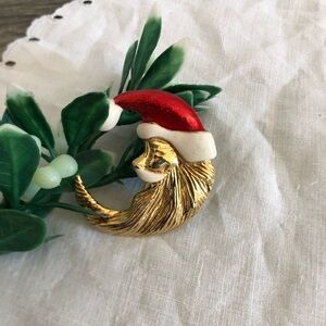 Vtg AAi Gold Enameled Santa Moon Brooch